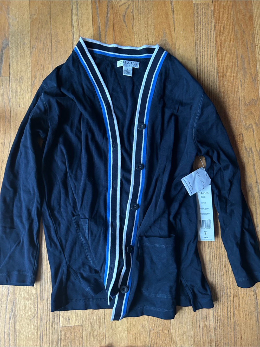 NWT Chaus Navy Cardigan with White and Blue Stripe Trim vintage